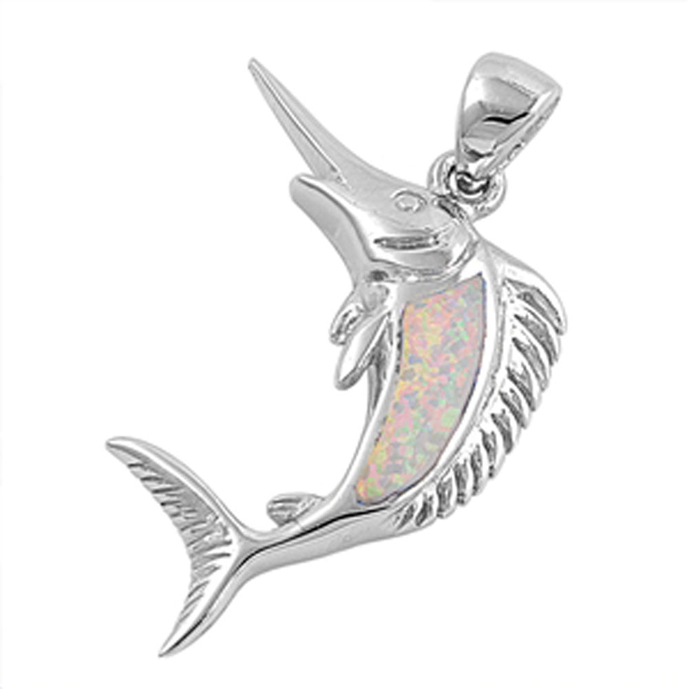 Marlin Jumping Swordfish Pendant White Simulated Opal .925 Sterling Silver Charm