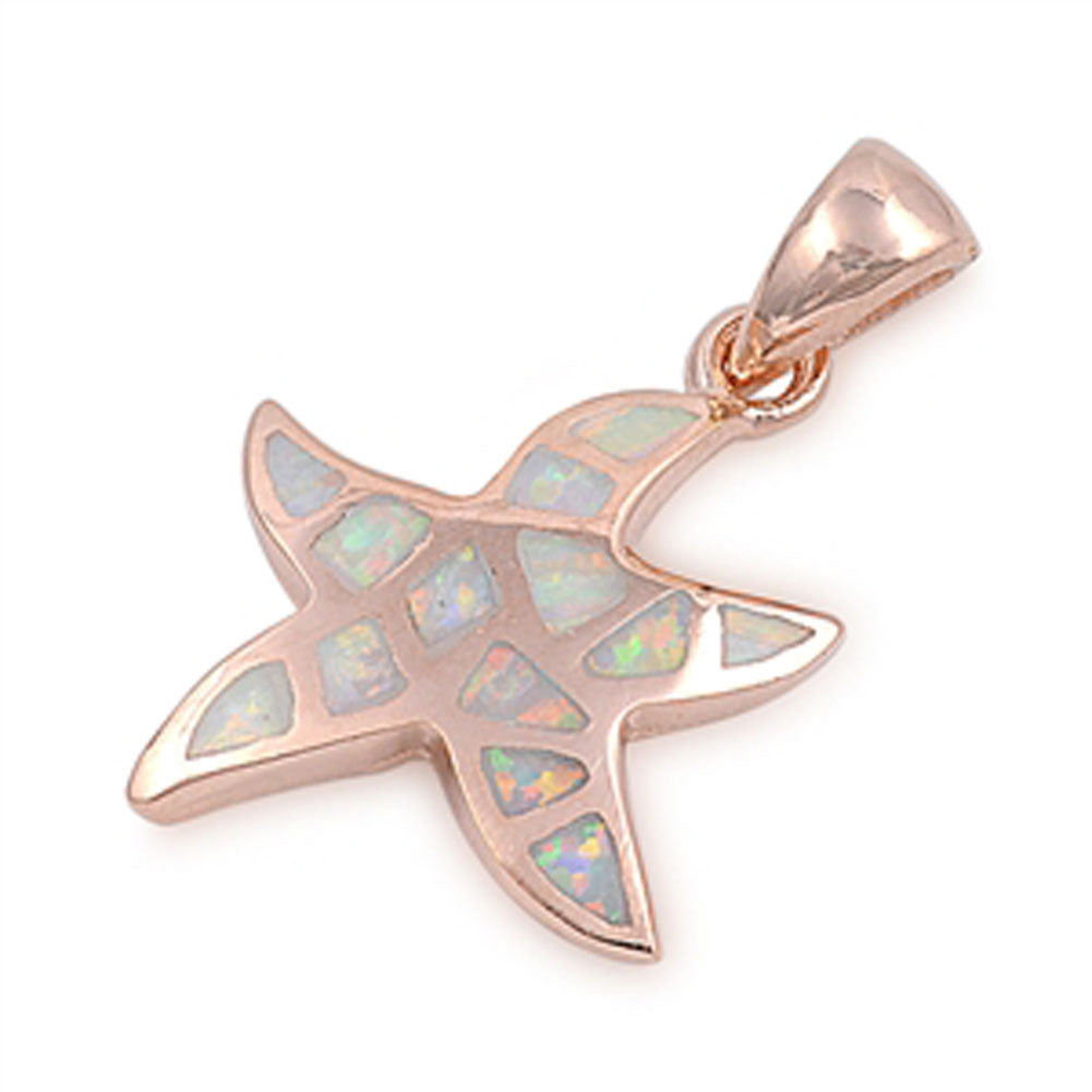 Sterling Silver Rose Gold-Tone Wispy Starfish Pendant White Simulated Opal Charm