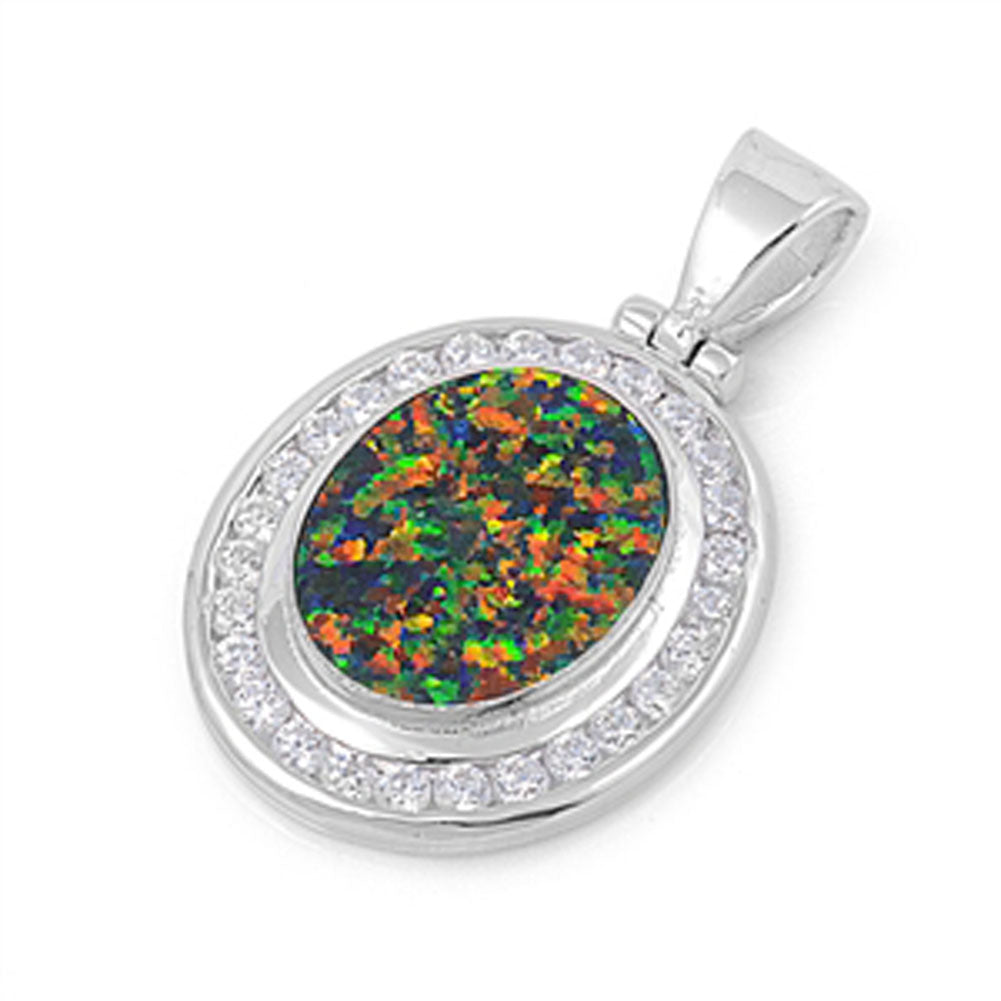 Studded Oval Halo Pendant Mystic Simulated Opal .925 Sterling Silver Charm