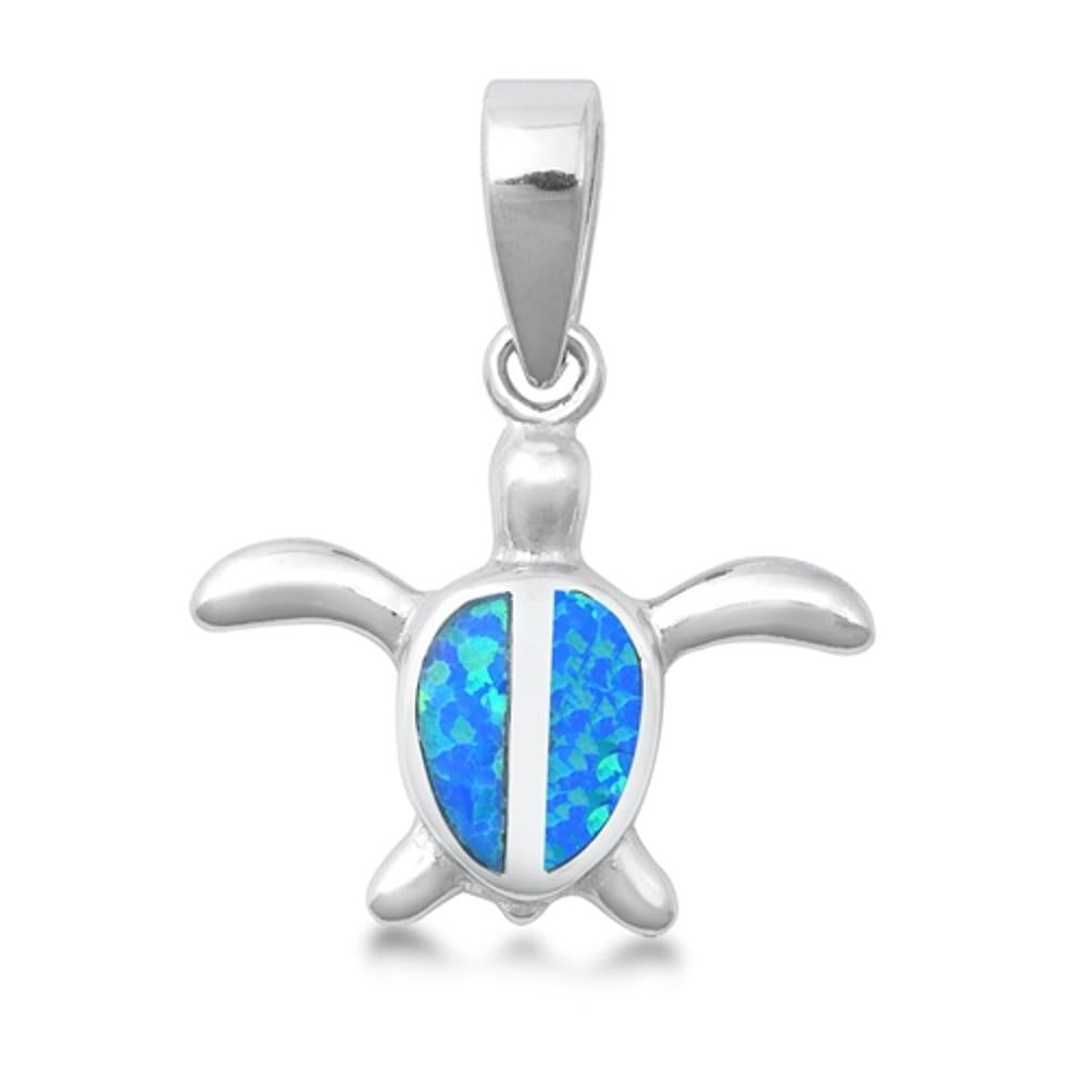 Sterling Silver Mosaic Leatherback Turtle Pendant Blue Simulated Opal Charm