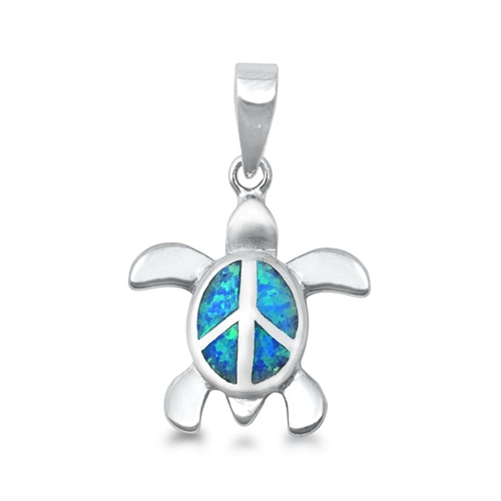 Peace Sign Turtle Pendant Blue Simulated Opal .925 Sterling Silver Ocean Charm
