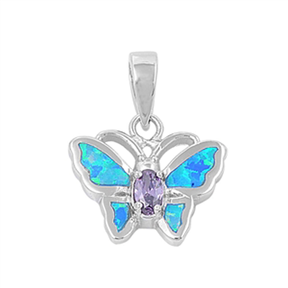Wing Tiny Butterfly Pendant Blue Simulated Opal .925 Sterling Silver Cute Charm