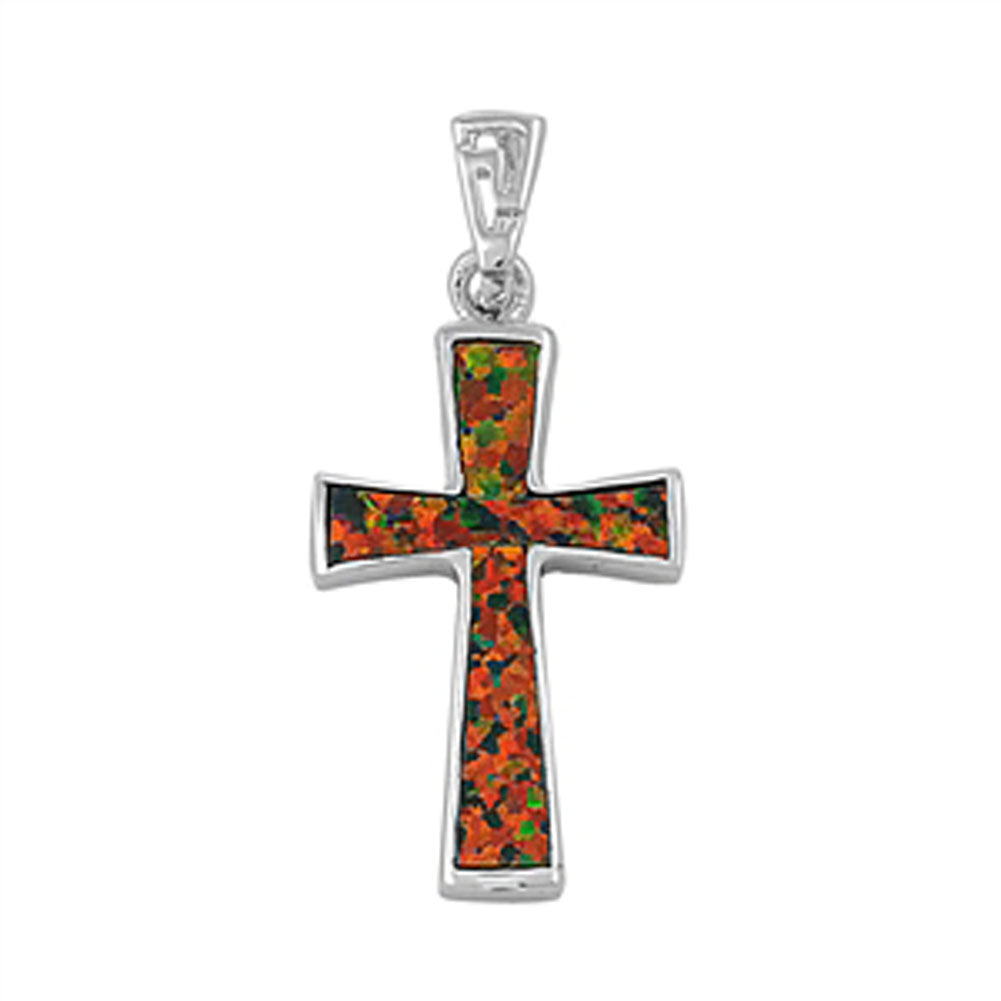 Sterling Silver Simple Traditional Cross Pendant Mystic Simulated Opal Charm