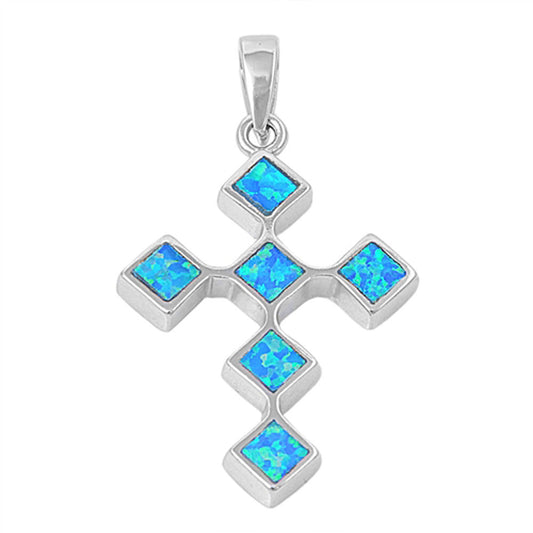 Sterling Silver Modern Repeating Square Cross Pendant Blue Simulated Opal Charm