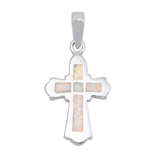 Ornate Cross Pendant White Simulated Opal .925 Sterling Silver Catholic Charm