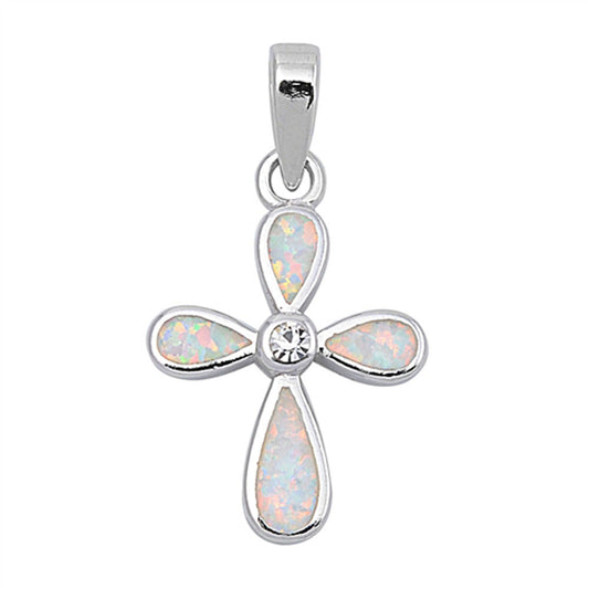 Elegant Rounded Cross Pendant White Simulated Opal .925 Sterling Silver Charm