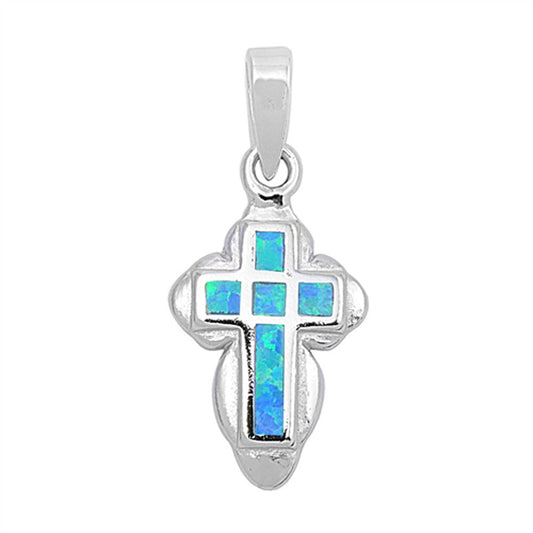Curved Edge Cross Pendant Blue Simulated Opal .925 Sterling Silver Square Charm