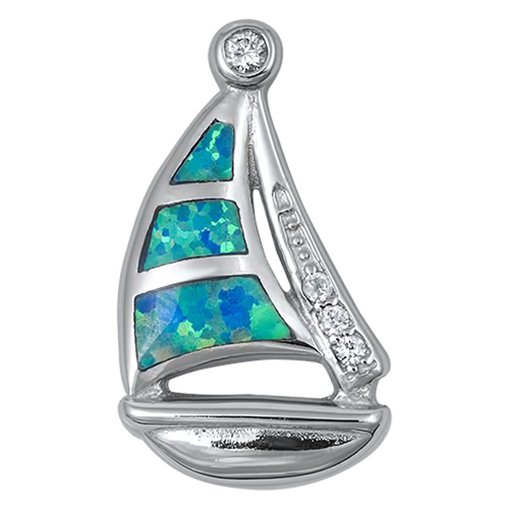 Simple Sailboat Pendant Blue Simulated Opal .925 Sterling Silver Boat Sea Charm