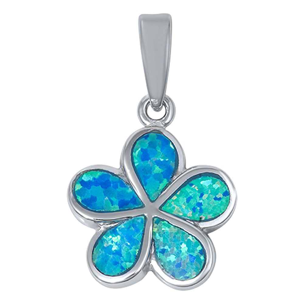 Simple Plumeria Pendant Blue Simulated Opal .925 Sterling Silver Flower Charm