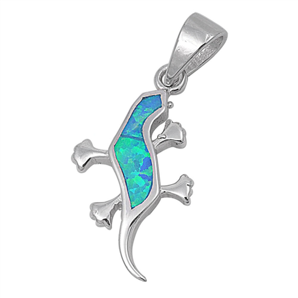 Animal Simple Lizard Pendant Blue Simulated Opal .925 Sterling Silver Charm