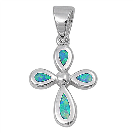 Simple Abstract Cross Pendant Blue Simulated Opal .925 Sterling Silver Charm