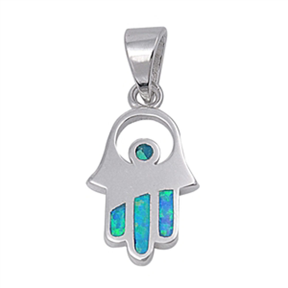Minimalist Hand of God Pendant Blue Simulated Opal .925 Sterling Silver Charm