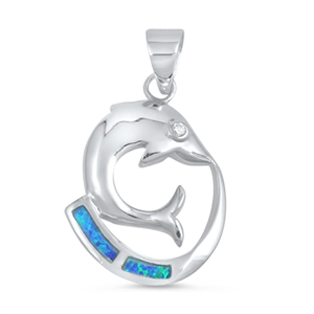 Dolphin Unique Fish Loop Pendant Blue Simulated Opal .925 Sterling Silver Charm