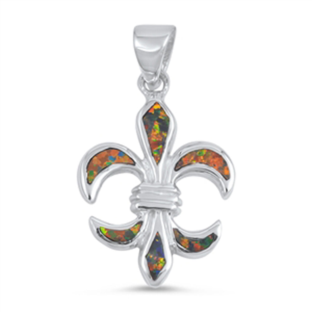 Sterling Silver Flower Symbol Fleur De Lis Pendant Mystic Simulated Opal Charm