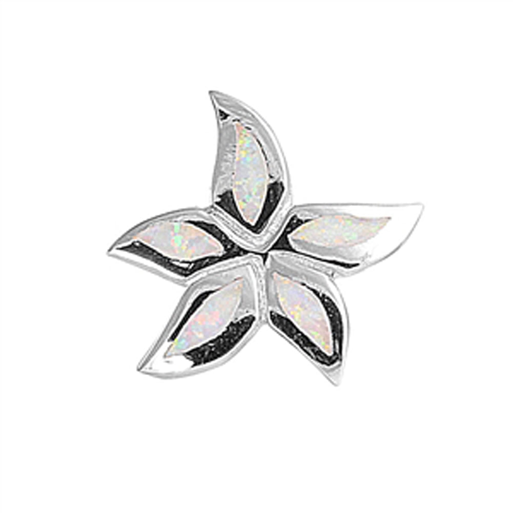 Sterling Silver Wavy Star High Polish Flower Pendant White Simulated Opal Charm