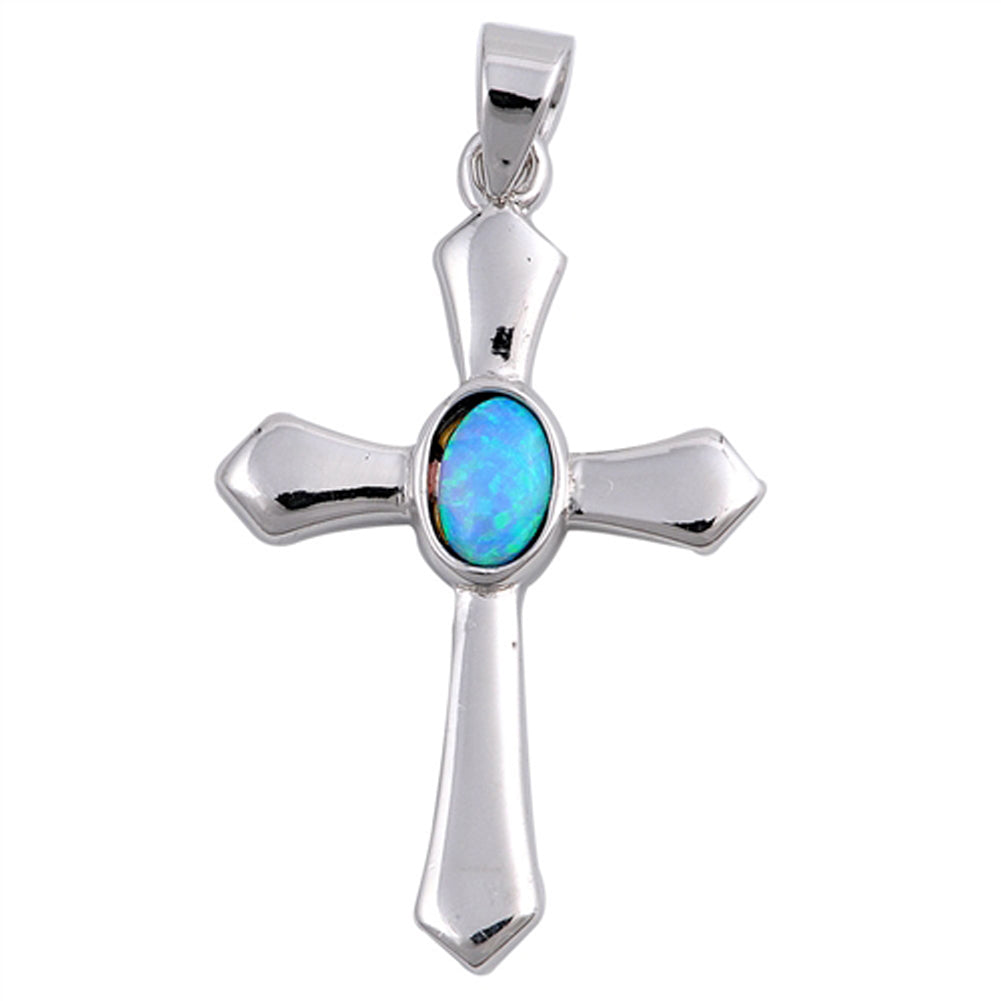 Sterling Silver High Polish Pointed Cross Pendant Light Blue Simulated Opal