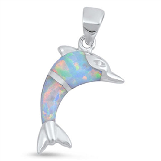 Animal Jumping Dolphin Pendant White Simulated Opal .925 Sterling Silver Charm
