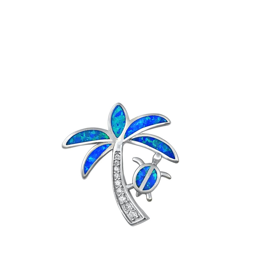 Sterling Silver Blue Synthetic Opal Tropical Palm Tree Pendant Turtle Charm 925