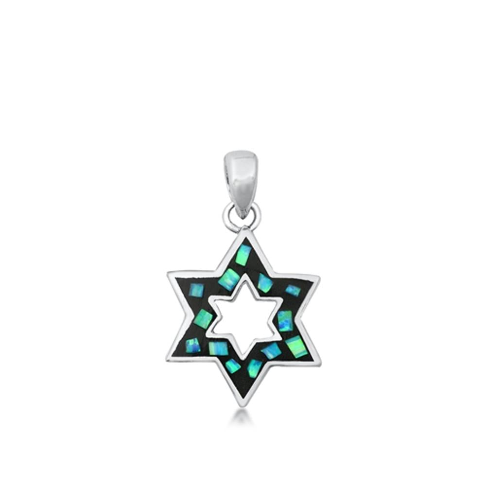 Sterling Silver Blue Synthetic Opal Star of David Pendant Jewish Modern Charm