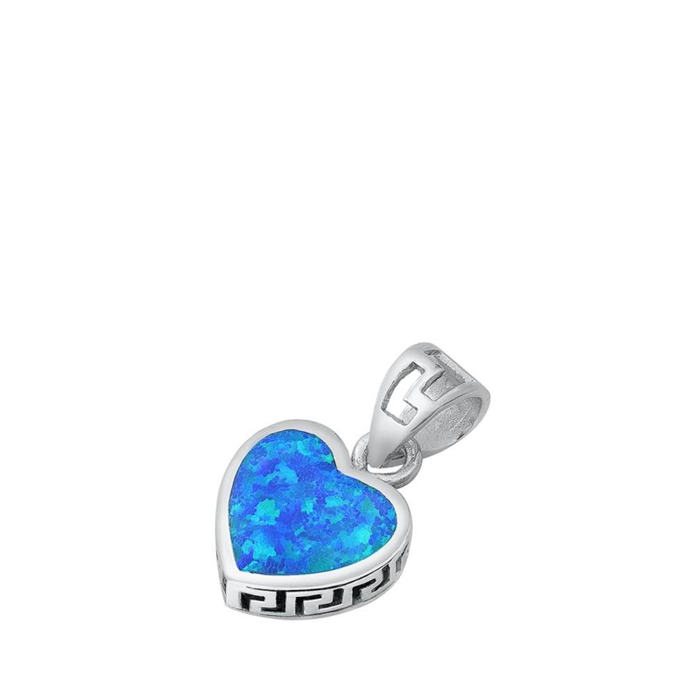 Sterling Silver Blue Synthetic Opal Greek Key Heart Pendant Promise Love Charm