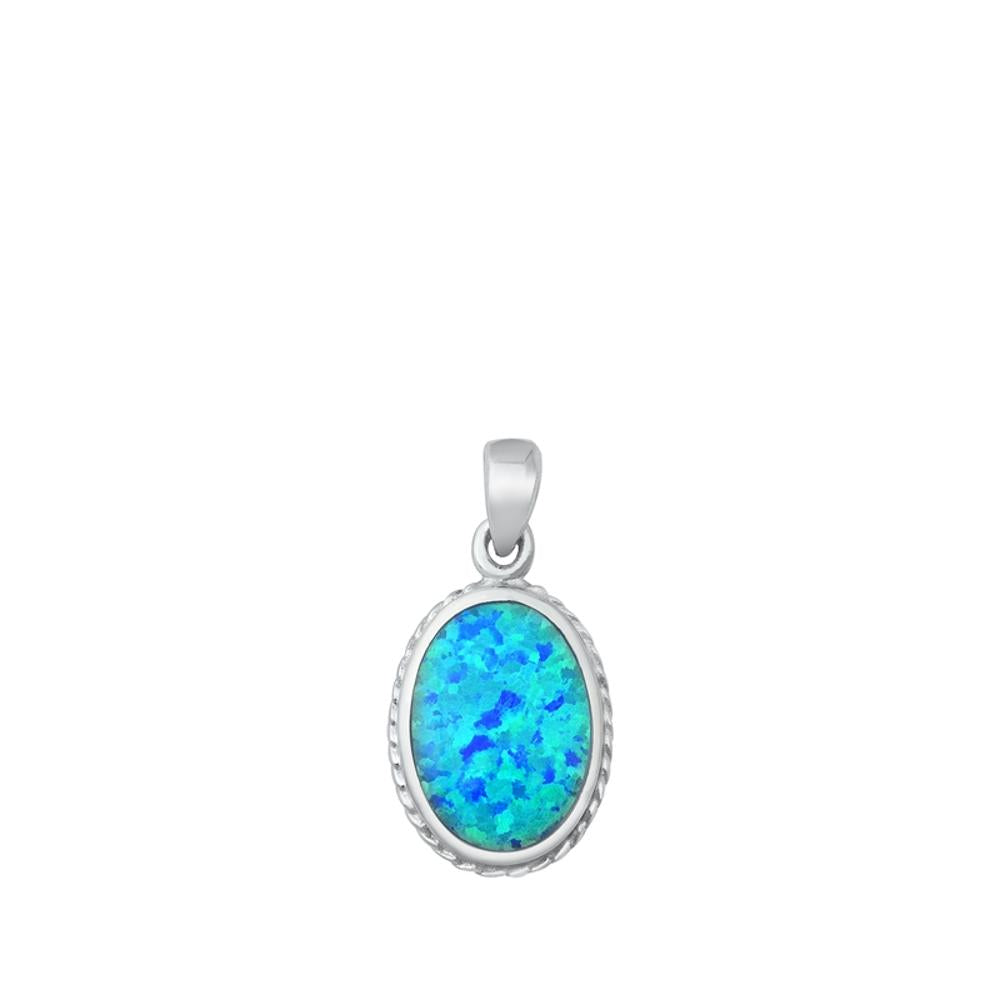 Sterling Silver Classic Blue Synthetic Opal Oval Pendant Traditional Halo Charm