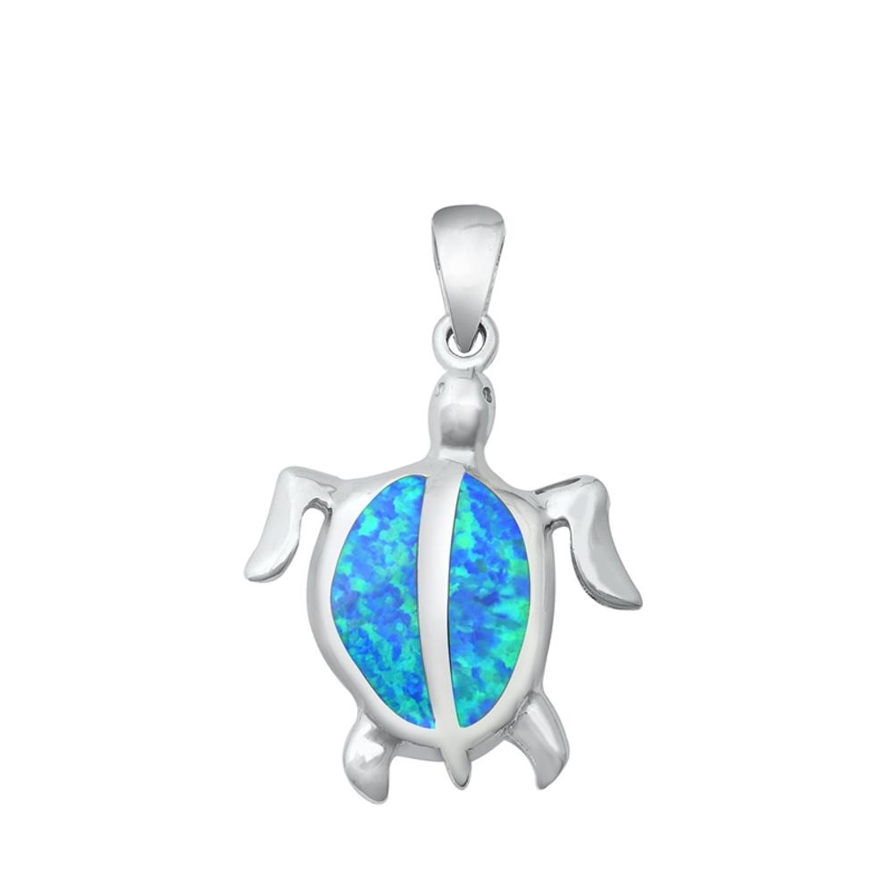 Sterling Silver Blue Synthetic Opal Turtle Pendant Tropical Ocean Beach Charm