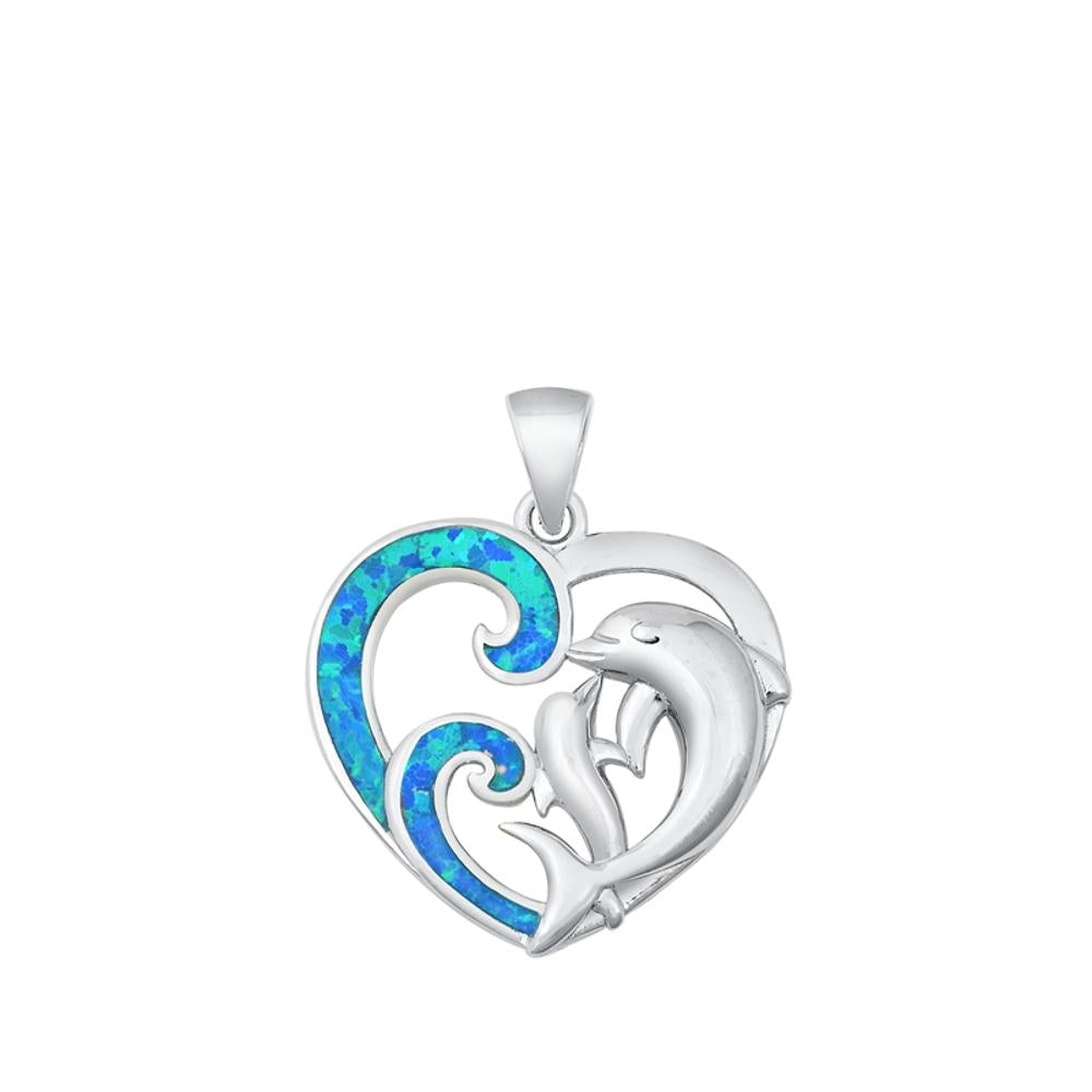 Sterling Silver Blue Synthetic Opal Dolphin Pendant Heart Ocean Wave Charm 925
