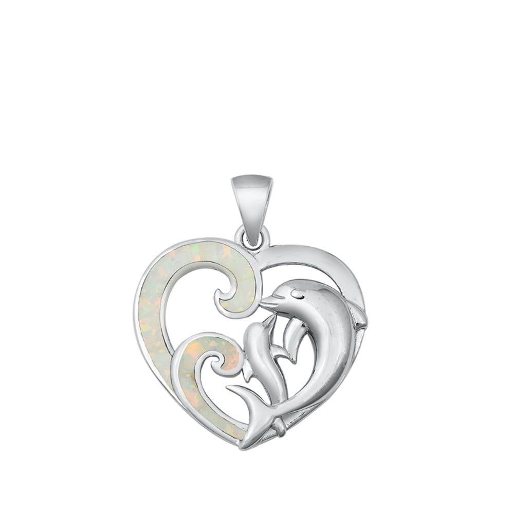 Sterling Silver White Synthetic Opal Dolphin Pendant Animal Heart Love Charm 925