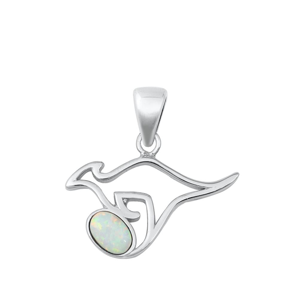 Sterling Silver White Synthetic Opal Kangaroo Pendant Animal Classic Charm 925