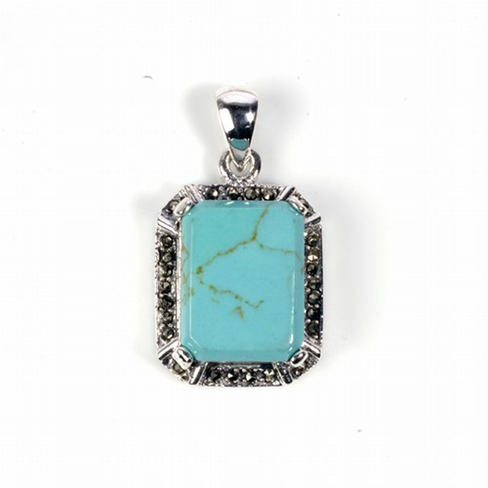 Sterling Silver Turquoise Marcasite Pendant Frame Geometric Classic Charm 925