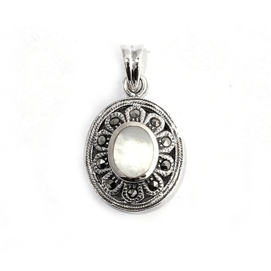 Sterling Silver Solitaire Floral Oval Pendant Simulated Mother of Pearl Charm