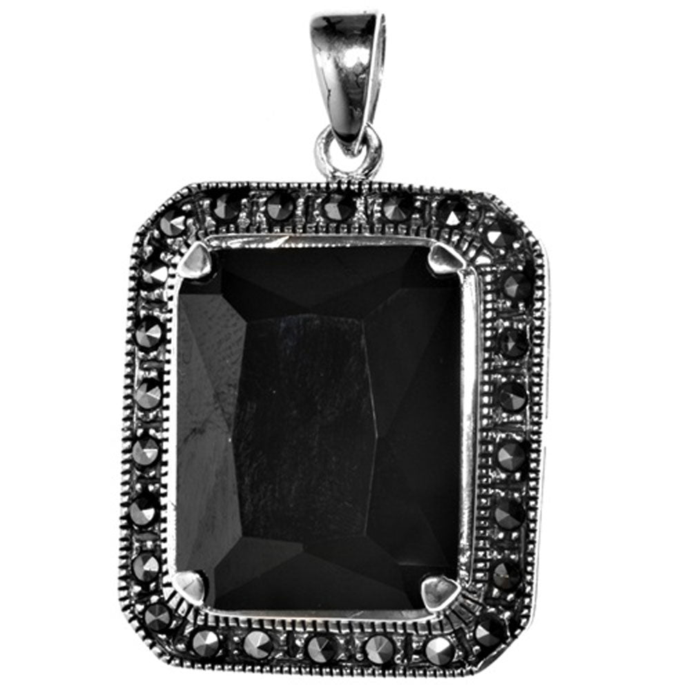 Bali Style Rectangle Pendant Black Simulated CZ .925 Sterling Silver Rope Charm