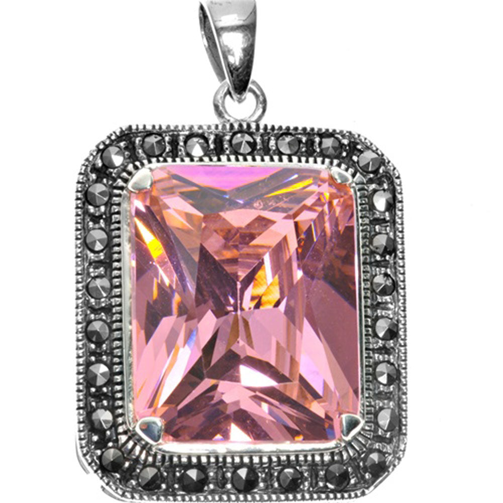 Sterling Silver Rounded Bali Style Rectangle Pendant Pink Simulated CZ Charm