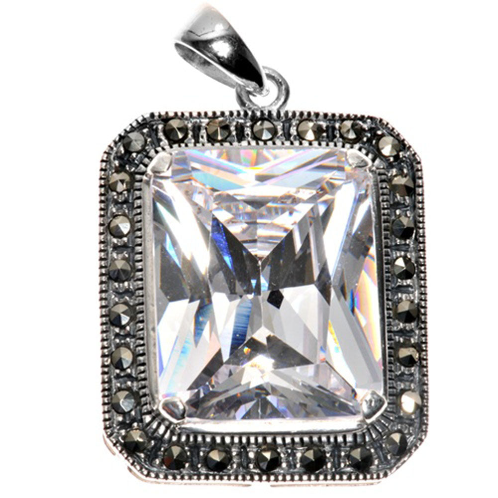 Sterling Silver Elegant Bali Style Rectangle Pendant Clear Simulated CZ Charm