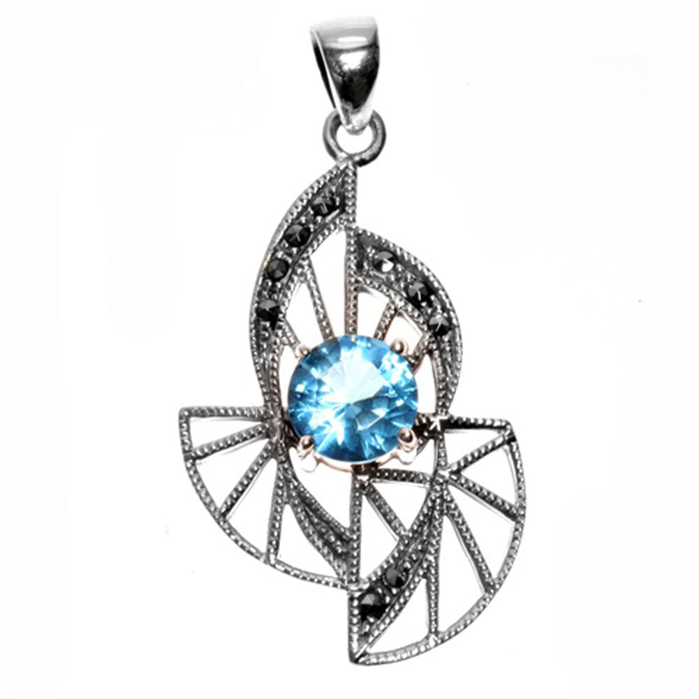 Art Deco Gear Outline Pendant Simulated Aquamarine .925 Sterling Silver Charm