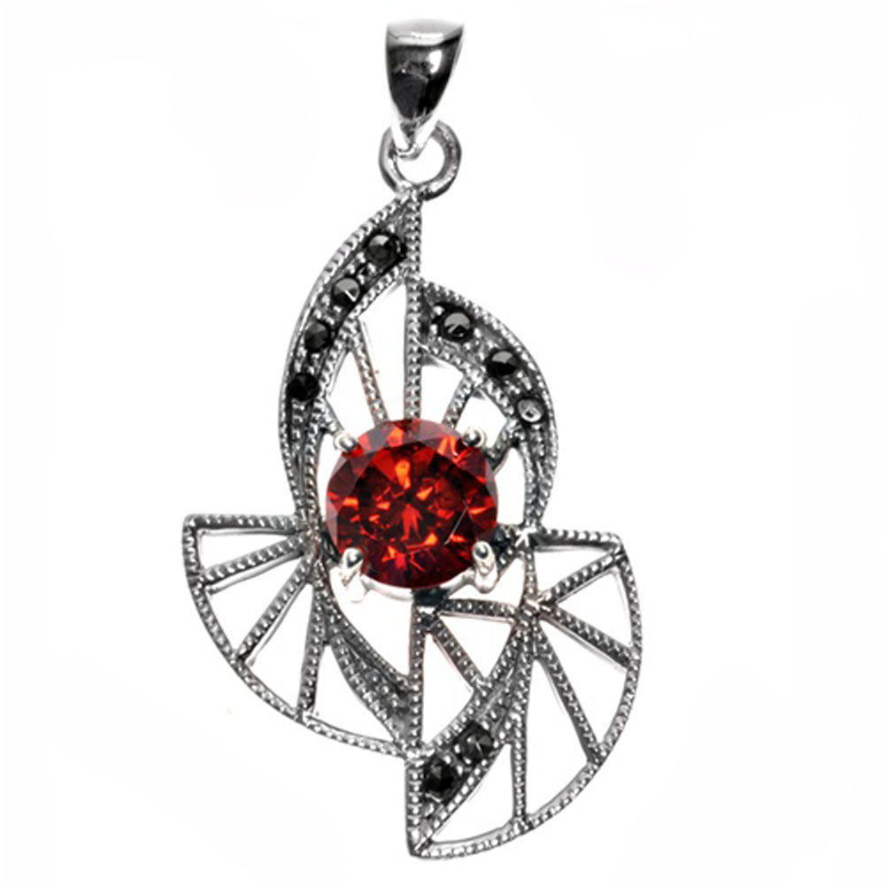 Fantasy Art Deco Leaf Pendant Simulated Ruby .925 Sterling Silver Round Charm