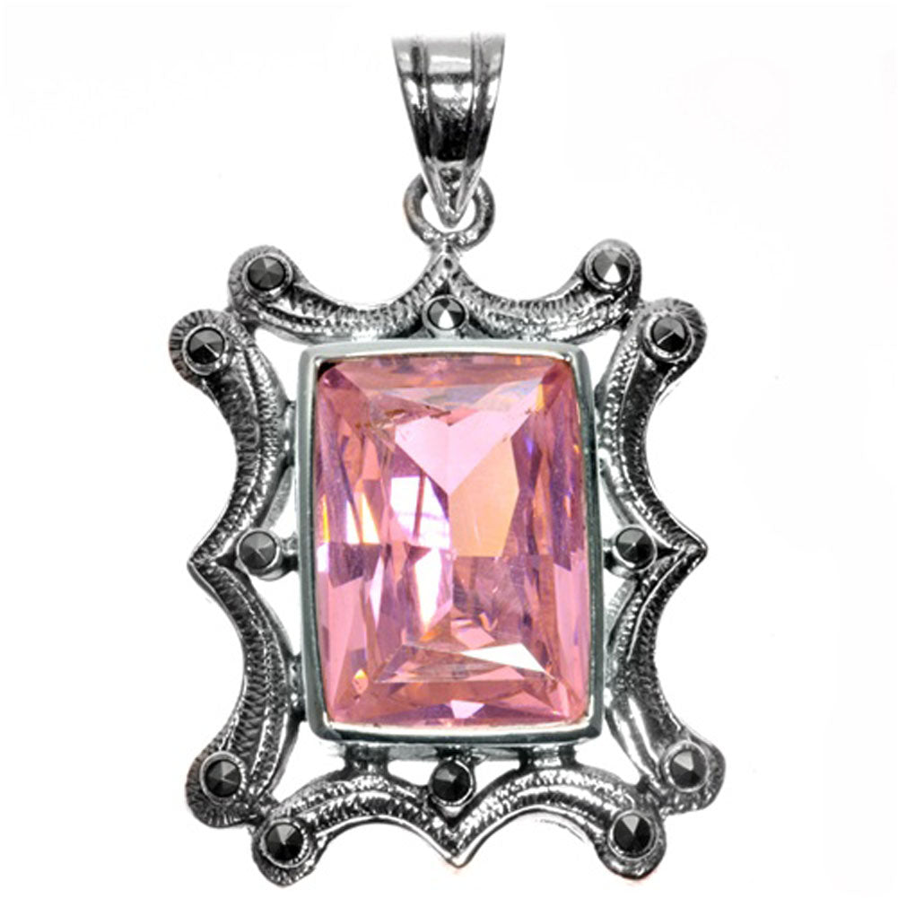 Sterling Silver Fantasy Rectangle Solitaire Pendant Pink Simulated CZ Charm