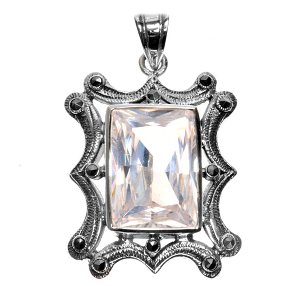 Fantasy Solitaire Pendant Clear Simulated CZ .925 Sterling Silver Ornate Charm
