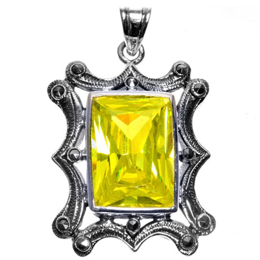 Antique Style Solitaire Pendant Yellow Simulated CZ .925 Sterling Silver Charm