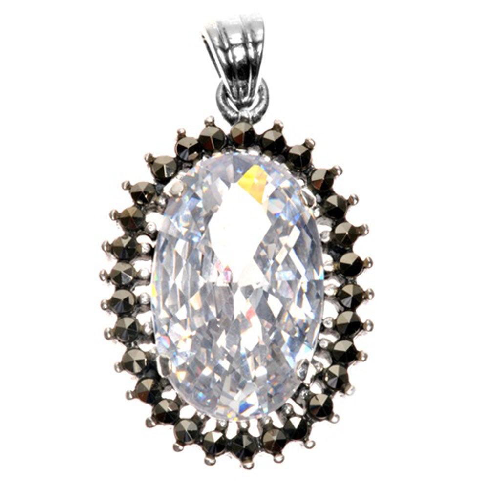 Sparkly Burst Oval Pendant Clear Simulated CZ .925 Sterling Silver Charm