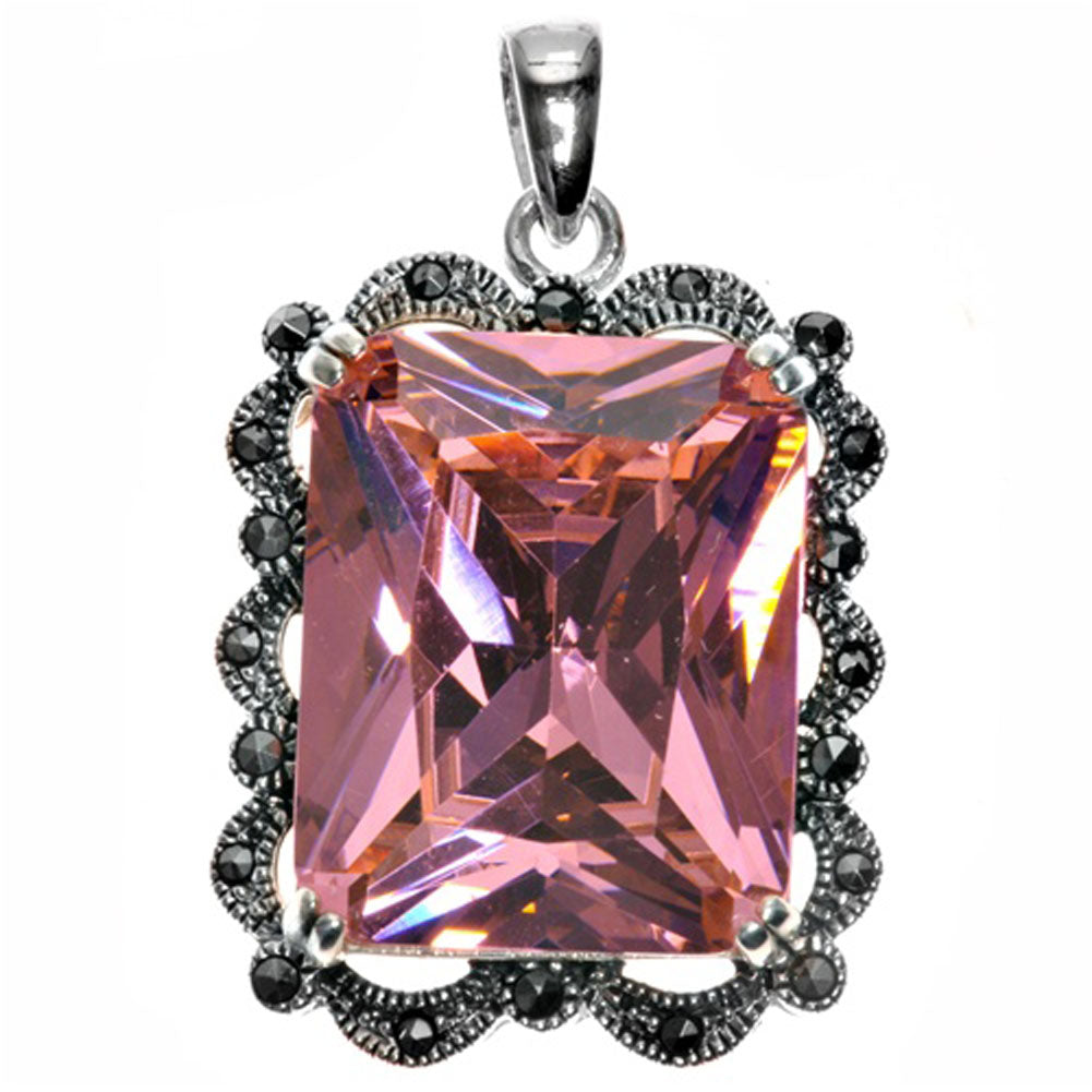 Sterling Silver Scalloped Fantasy Solitaire Pendant Pink CZ Charm