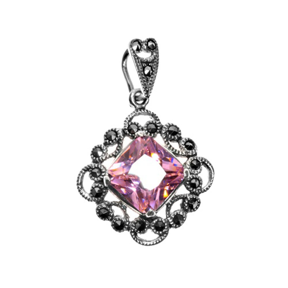 Sterling Silver Filigree Swirl Frame Square Pendant Pink Simulated CZ Charm