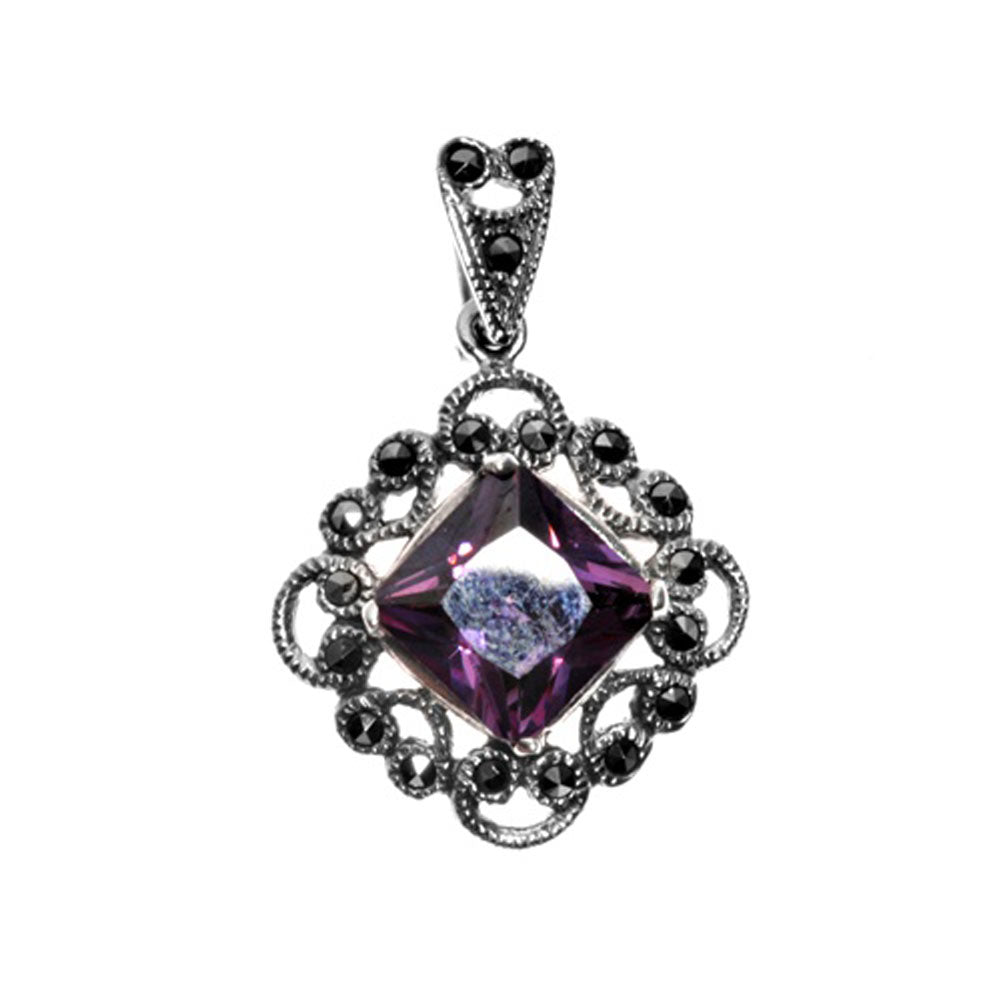 Sterling Silver Fancy Filigree Swirl Square Pendant Simulated Amethyst Charm