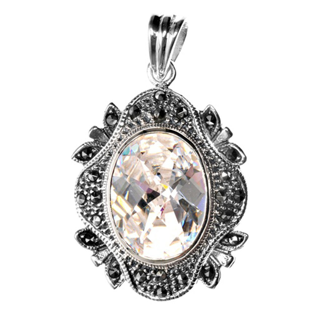 Fancy Studded Oval Pendant Clear Simulated CZ .925 Sterling Silver Ornate Charm