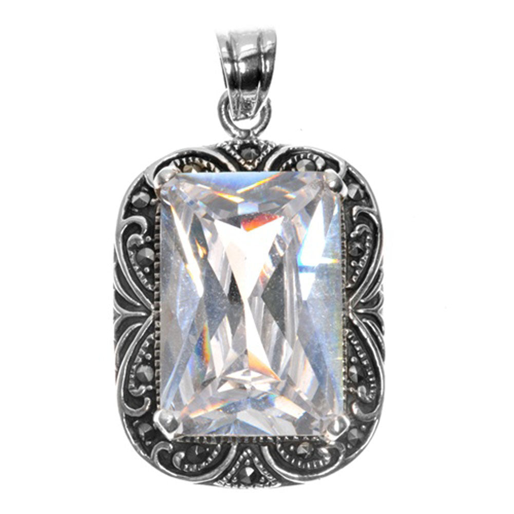 Filigree Swirl Rectangle Pendant Clear Simulated CZ .925 Sterling Silver Charm