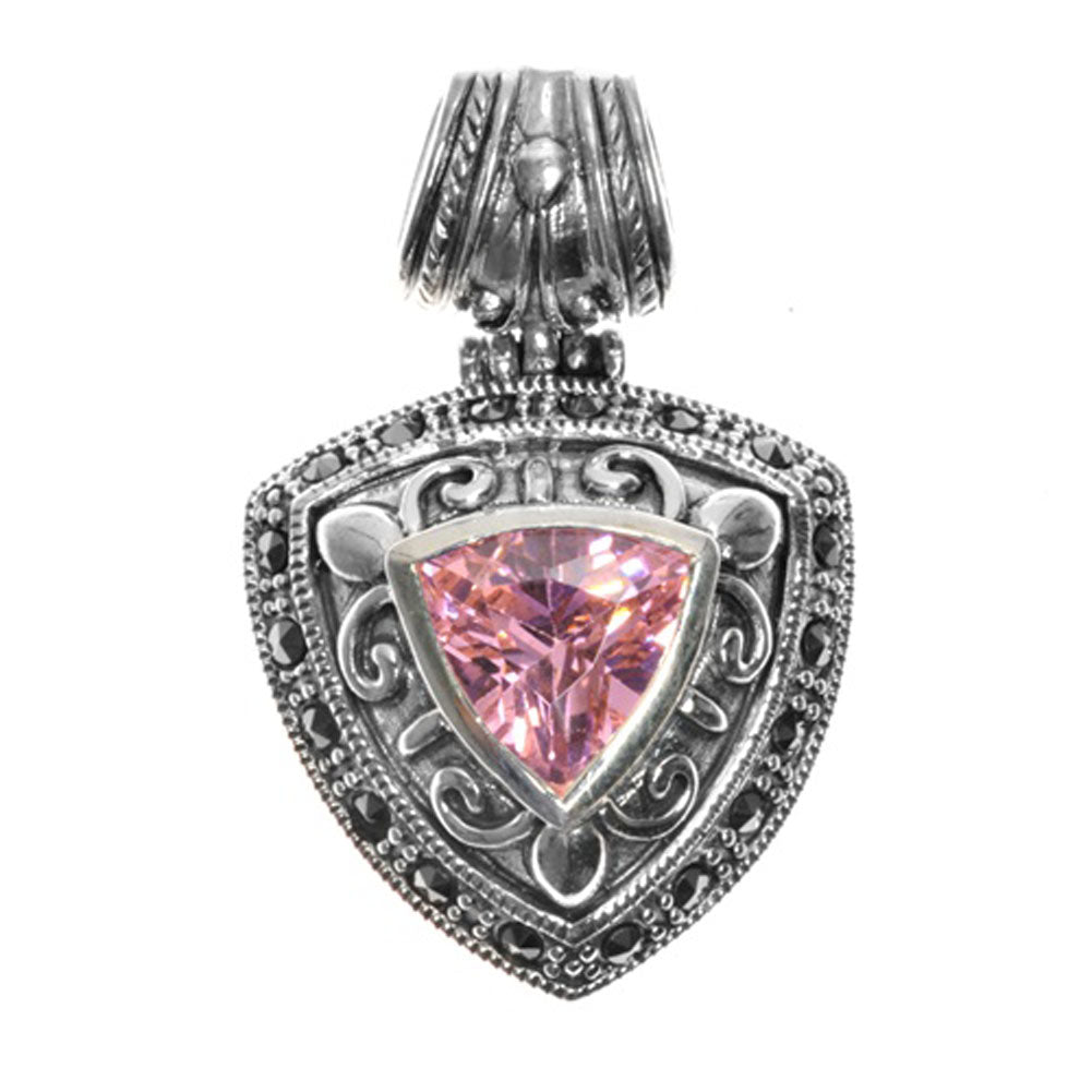 Filigree Swirl Shield Pendant Pink Simulated CZ .925 Sterling Silver Charm