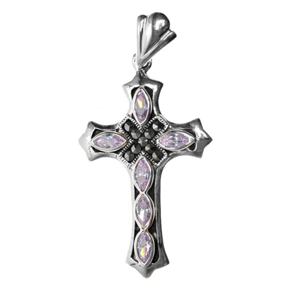 Marquise Studded Cross Pendant Simulated Lavender .925 Sterling Silver X Charm