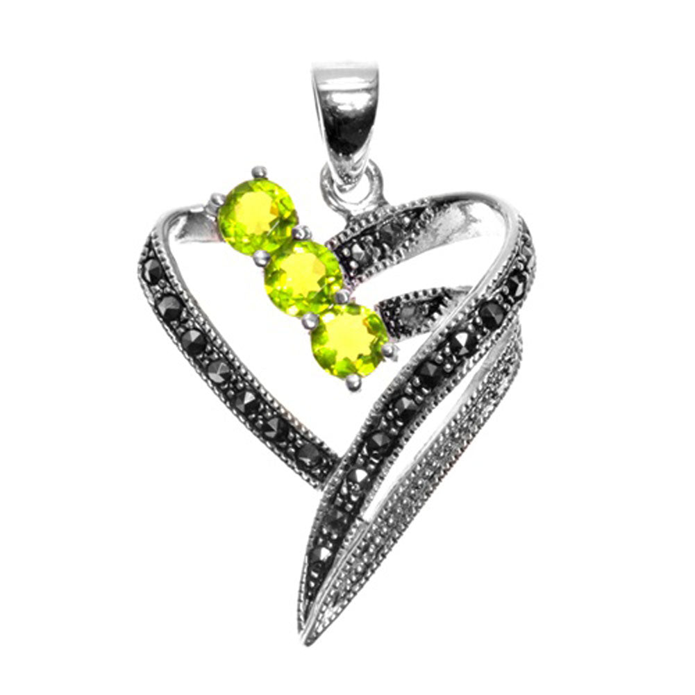 Sterling Silver Studded Double Promise Heart Pendant Simulated Peridot Charm