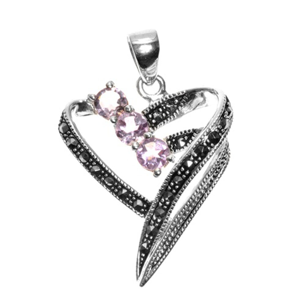 Studded Promise Heart Pendant Simulated Lavender .925 Sterling Silver Charm