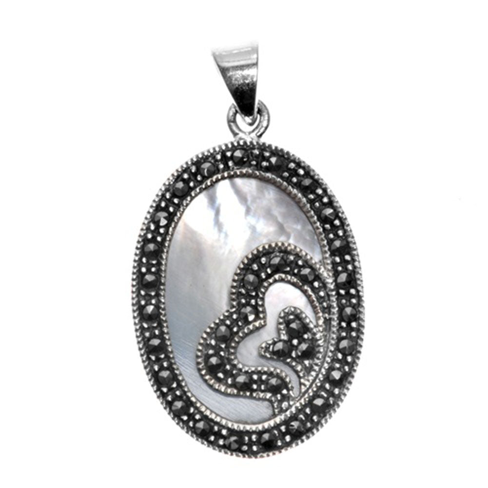 Sterling Silver Triple Loop Heart Oval Pendant Simulated Mother of Pearl Charm